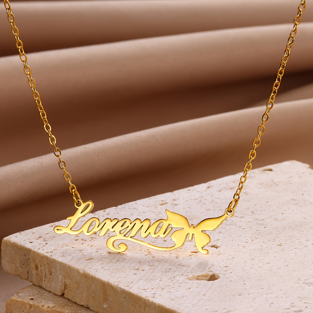 Women's Personalized Stainless Steel Butterfly Ribbon Name Pendant Necklace